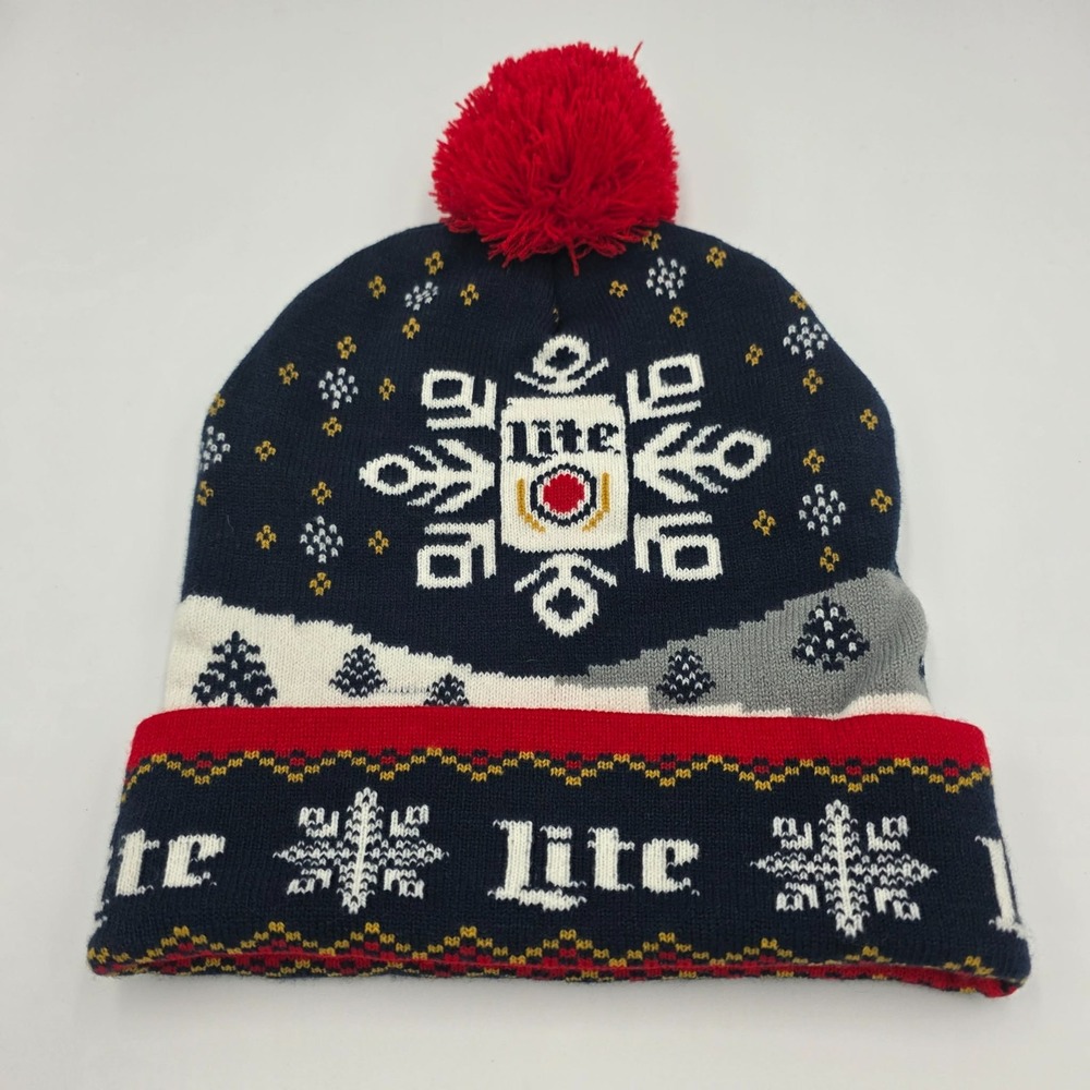 Miller Lite Beer Knit Holiday Stocking Cap Hat Ugly Christmas Sweater Theme